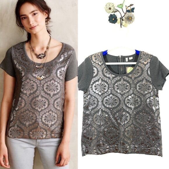 Anthropologie Moth Drawing Room Top Metallic Pullover Short Sleeve Sweater Med - Picture 1 of 10